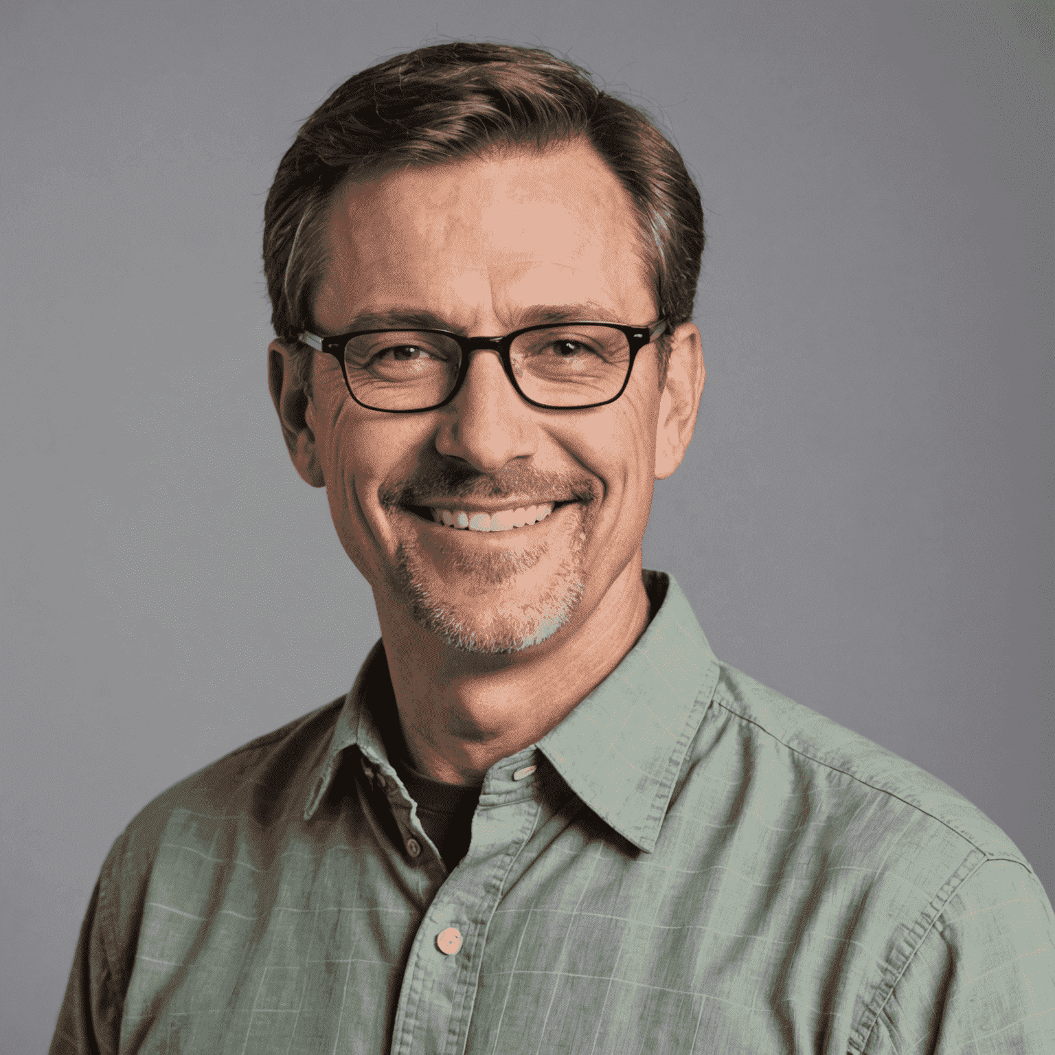 Portrait of a middle-aged man with glasses, short brown hair, and a friendly smile, wearing a casual button-up shirt