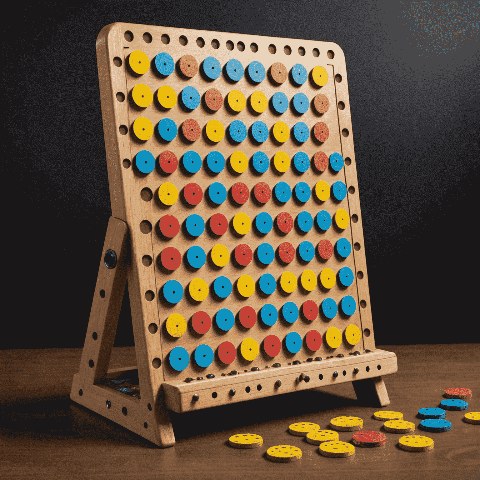 A Plinko board with chips falling through pegs, demonstrating various trajectories and landing positions