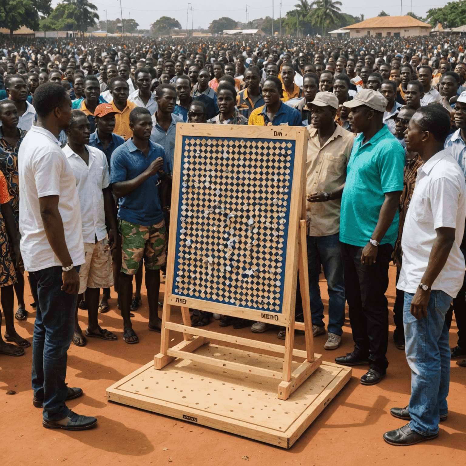 A large Plinko board set up for a tournament in Lomé, Togo. Players and spectators are gathered around, showing the excitement of the event.