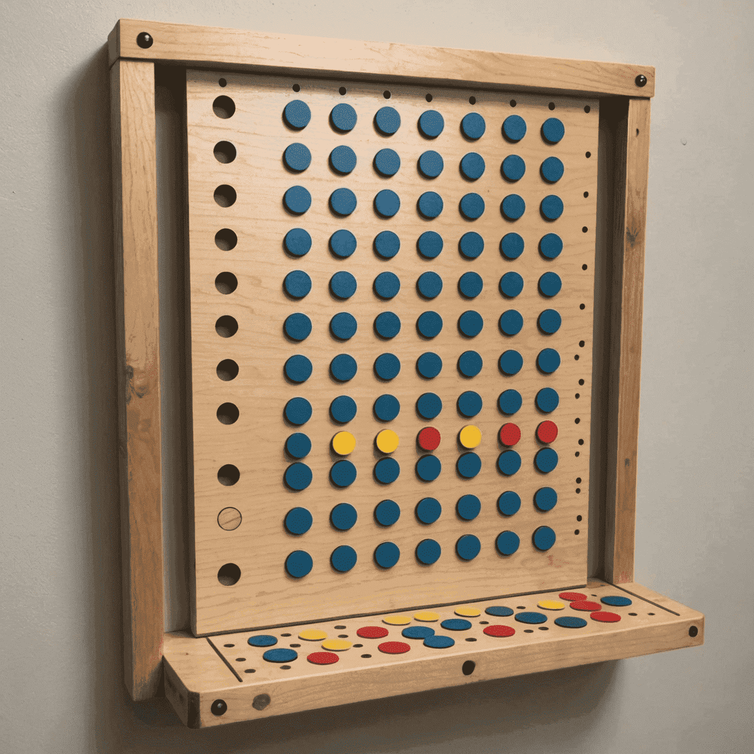 A completed DIY Plinko board with pegs, drop zones, and scoring slots