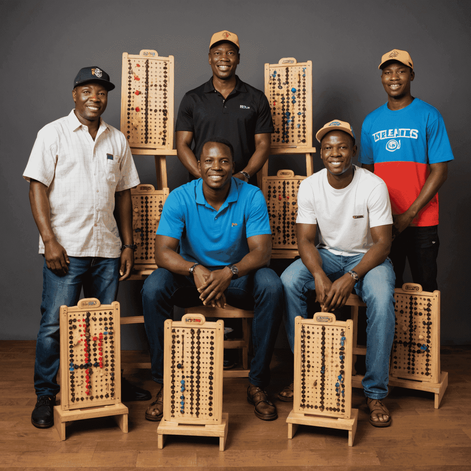 A diverse group of Plinko players from different regions of Togo, posing with their boards and trophies from various tournaments.