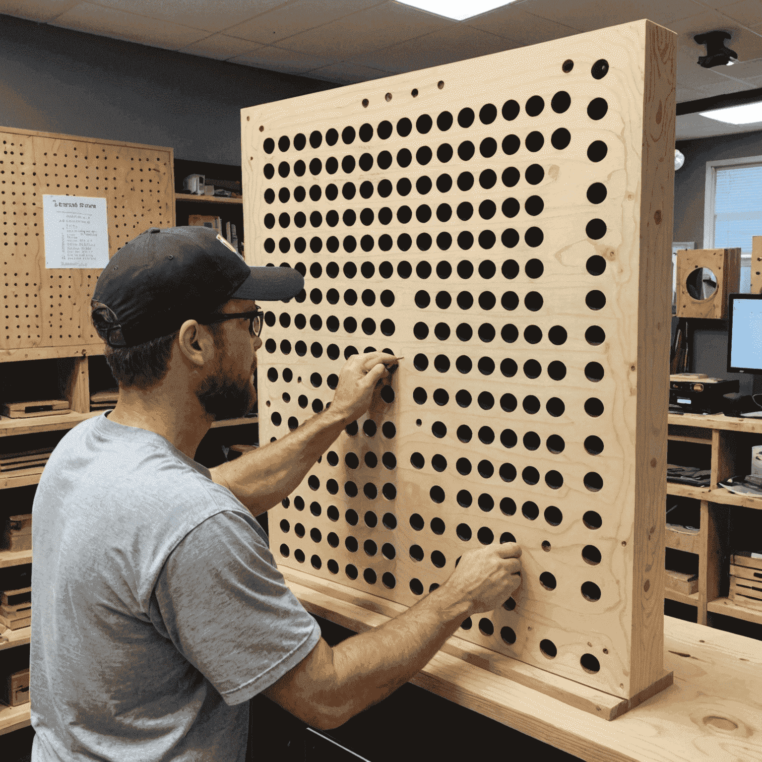 Drilling holes into the Plinko board for peg placement