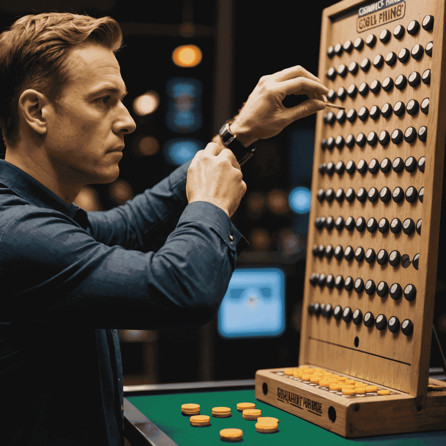 A player carefully dropping a Plinko chip, demonstrating focus and strategic thinking